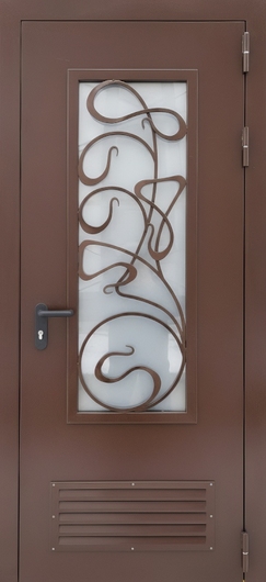 Стальная коричневая дверь для котельной с большим стеклом, вентиляцией и решеткой Стальная коричневая дверь для котельной с большим стеклом, вентиляцией и решеткой